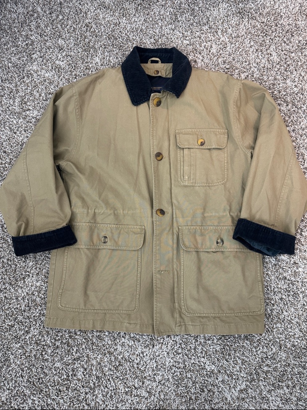 Brooks Brothers Khaki Tan Chore Barn Jacket with Contrast Navy Corduroy Collar